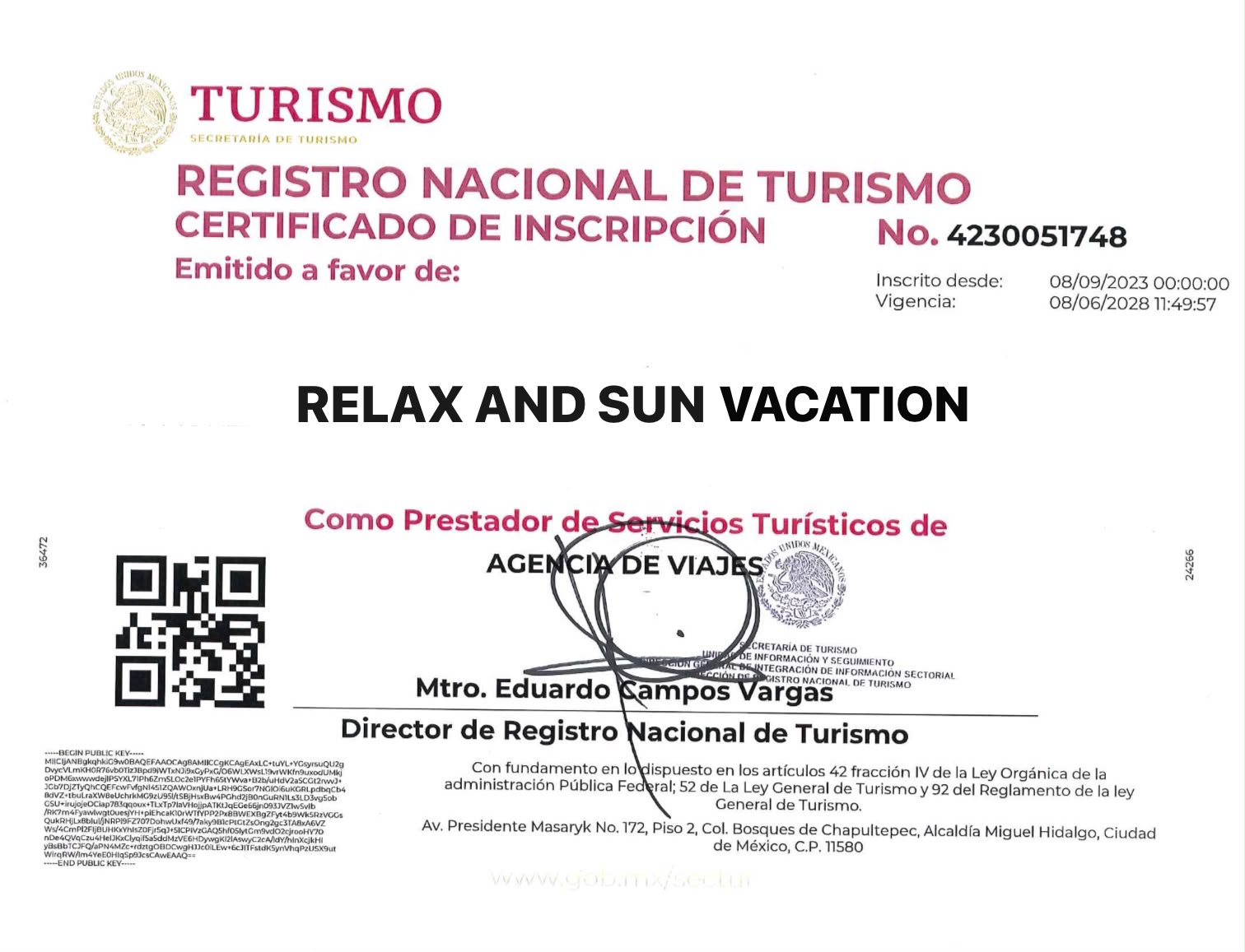 Certificado de inscripción al Registro Nacional de Turismo de Relax and Sun Vacation